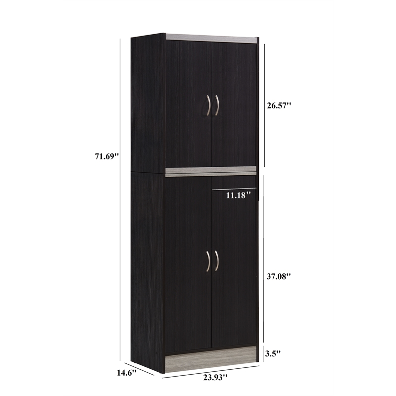 Hodedah 4 Door Kitchen Pantry 4 Shelves 5 Compartments in Chocolate-Grey Wood