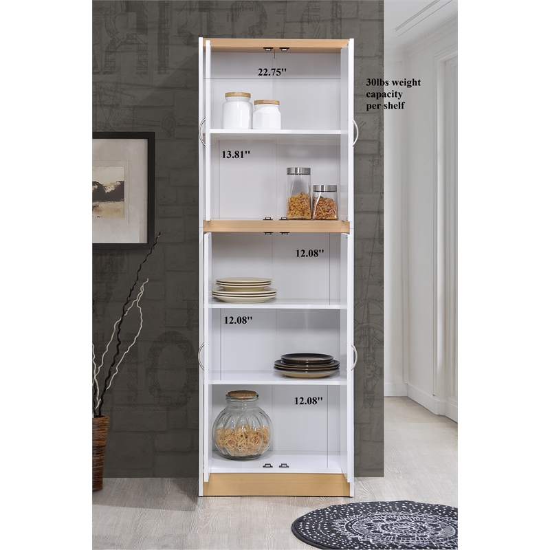 Hodedah 4 Door Kitchen Pantry with 4 Shelves 5 Compartments in White Wood