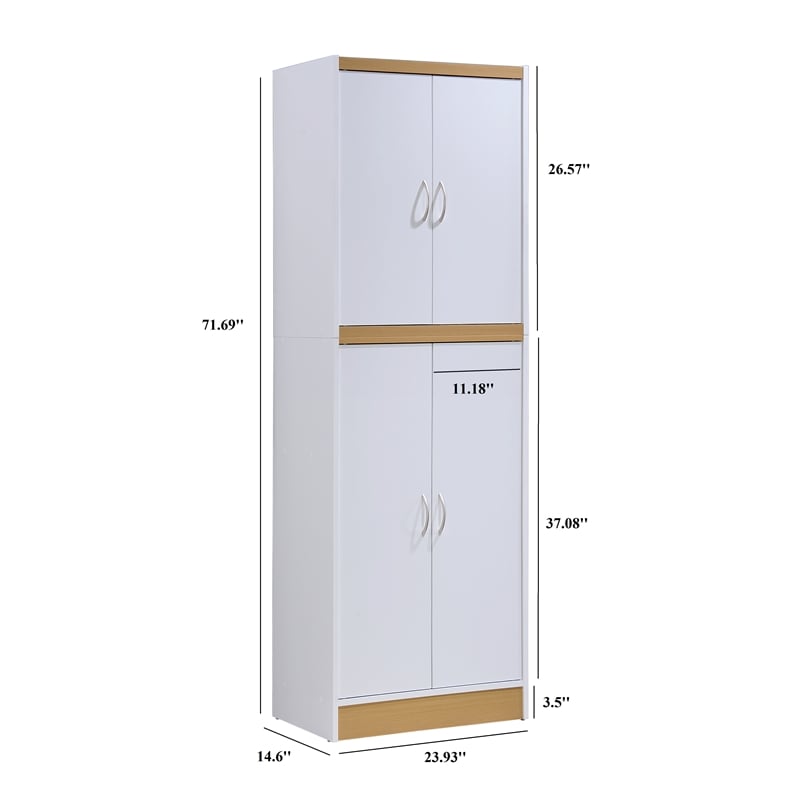 Hodedah 4 Door Kitchen Pantry with 4 Shelves 5 Compartments in White Wood