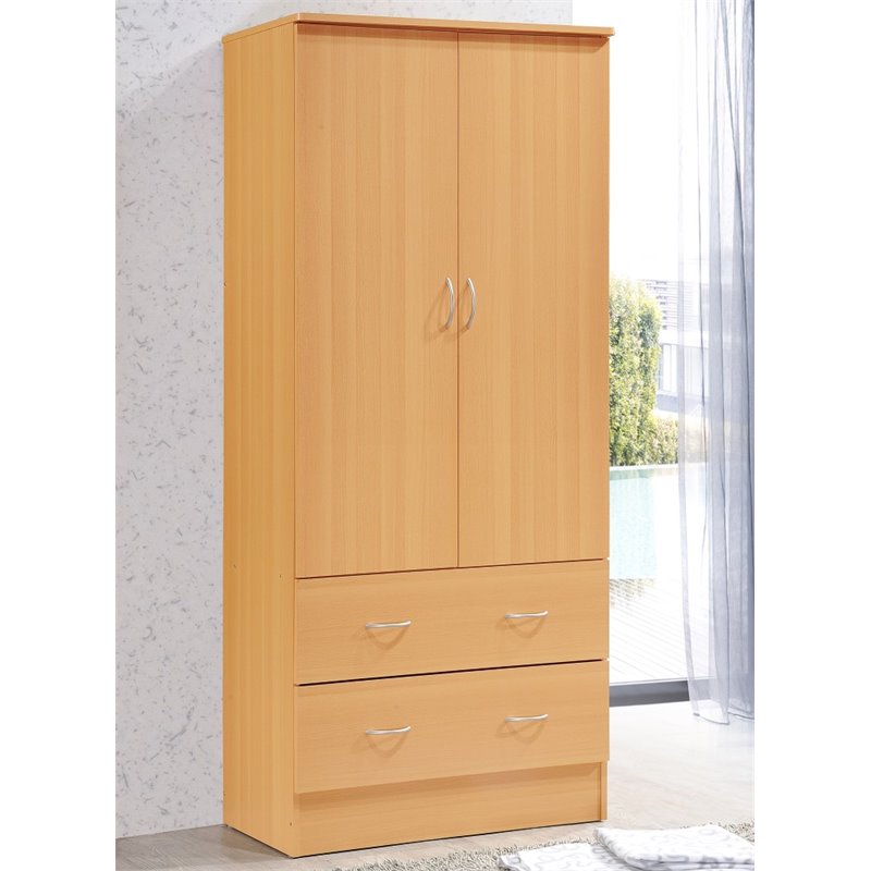 Hodedah 2 Door Armoire with 2 Drawers and Clothing Rod in Beige Wood