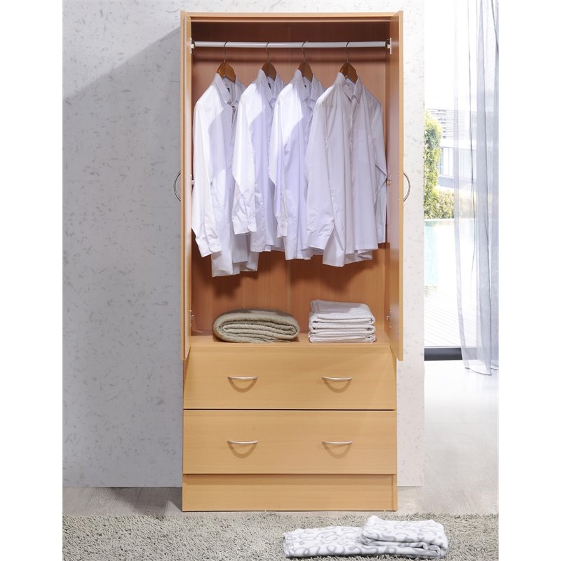 Hodedah 2 Door Armoire with 2 Drawers and Clothing Rod in Beige Wood