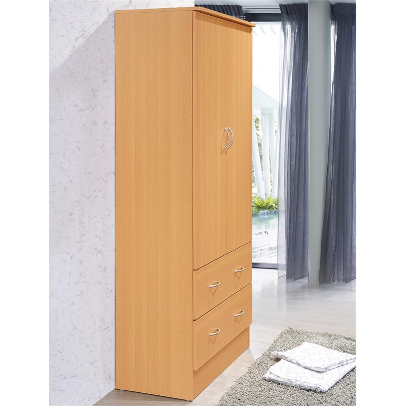 Hodedah 2 Door Armoire with 2 Drawers and Clothing Rod in Beige Wood