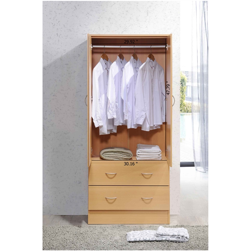 Hodedah 2 Door Armoire with 2 Drawers and Clothing Rod in Beige Wood