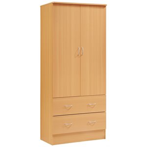 Hodedah 2 Door Armoire with 2 Drawers and Clothing Rod in Beige Wood