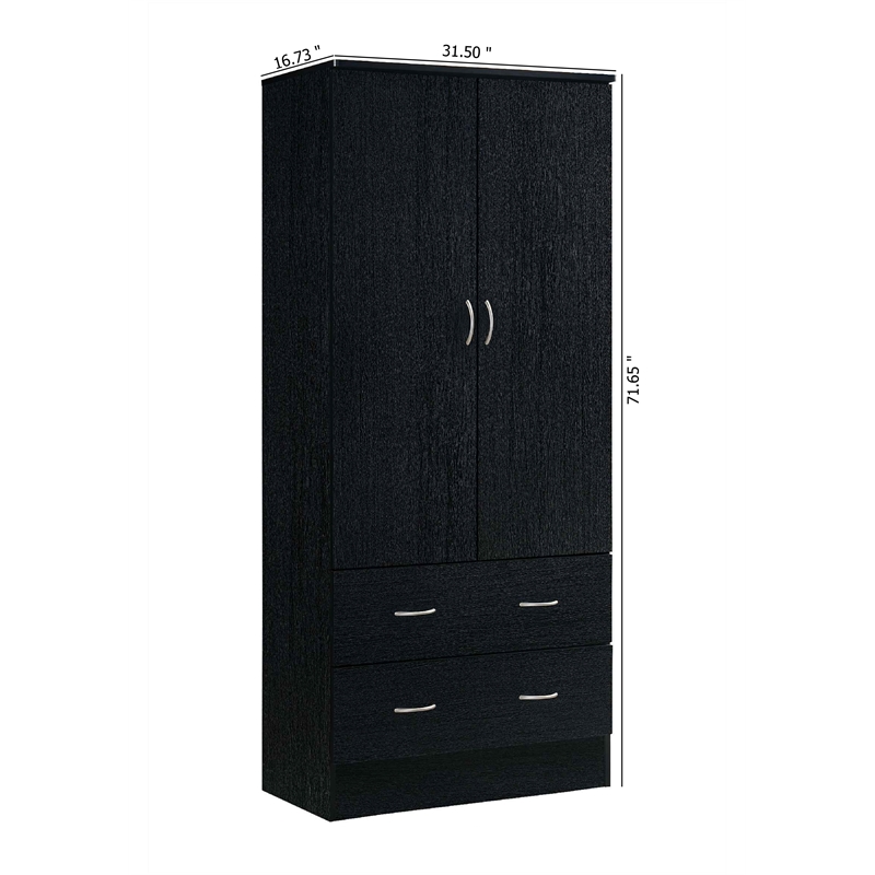 Hodedah 2 Door Armoire with 2 Drawers and Clothing Rod in Black Wood