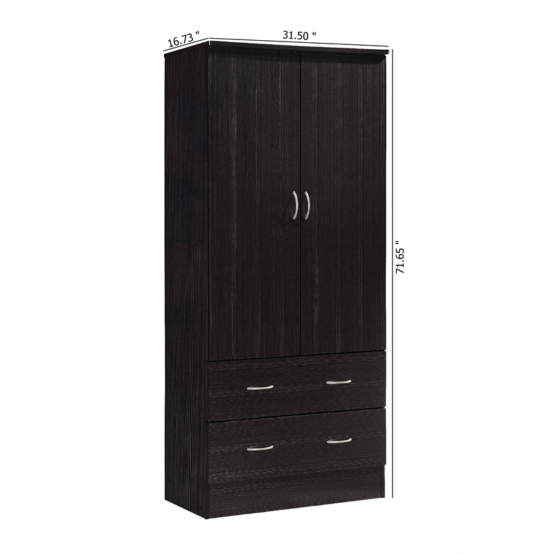 Hodedah 2 Door Armoire with 2 Drawers and Clothing Rod in Chocolate Wood
