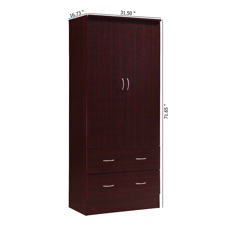 Hodedah 2 Door Armoire with 2 Drawers and Clothing Rod in Mahogany Wood