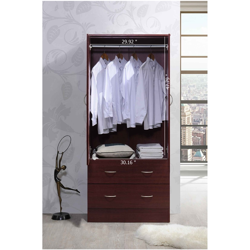 Hodedah 2 Door Armoire with 2 Drawers and Clothing Rod in Mahogany Wood
