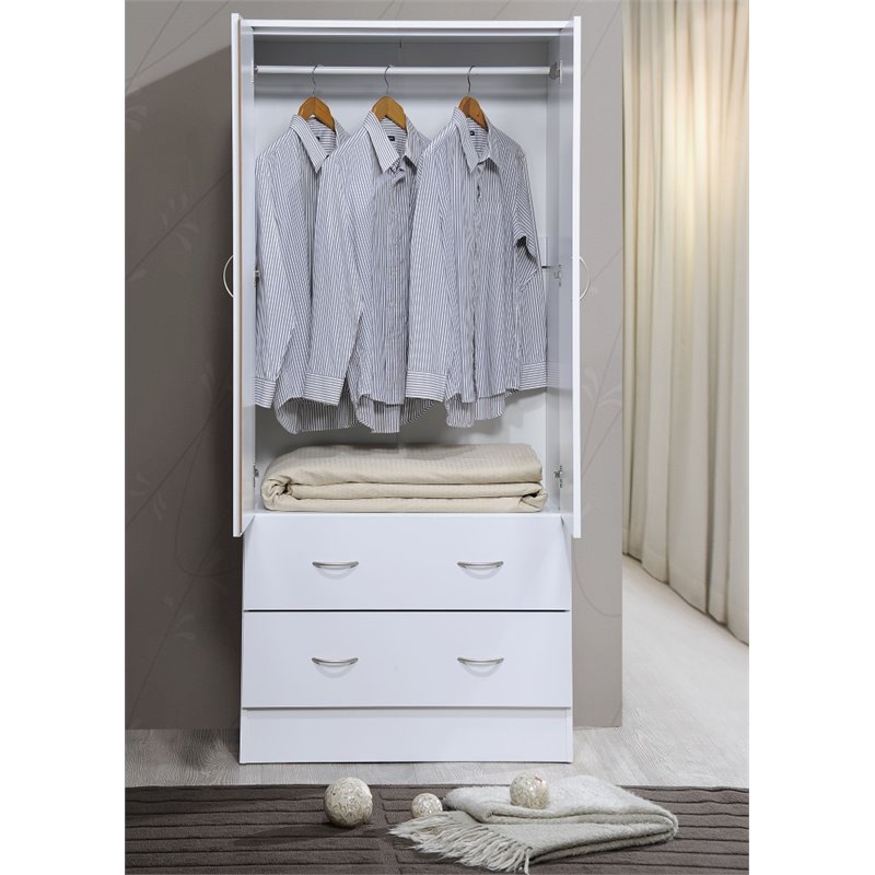 Hodedah 2 Door Armoire with 2 Drawers and Clothing Rod in White Wood