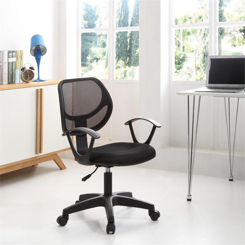 Hodedah Mesh Mid-Back Adjustable Height Task Chair in Black Fabric
