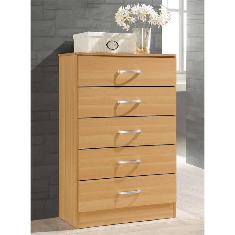 Hodedah Five Drawer Contemporary Wooden Chest in Beige Finish