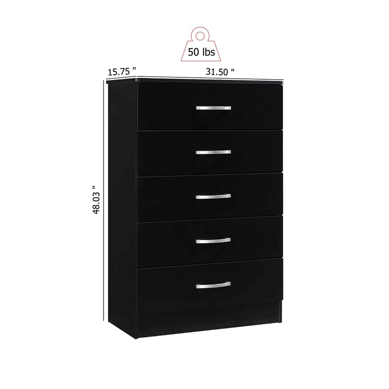 Hodedah Five Drawer Contemporary Wooden Chest in Black Finish