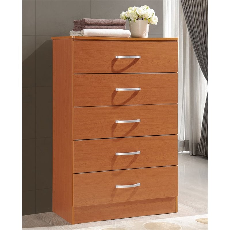 Hodedah Five Drawer Contemporary Wooden Chest in Cherry Finish