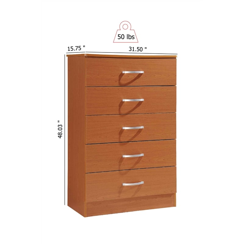 Hodedah Five Drawer Contemporary Wooden Chest in Cherry Finish