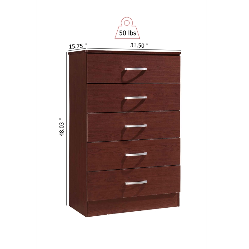 Hodedah Five Drawer Contemporary Wooden Chest in Mahogany Finish