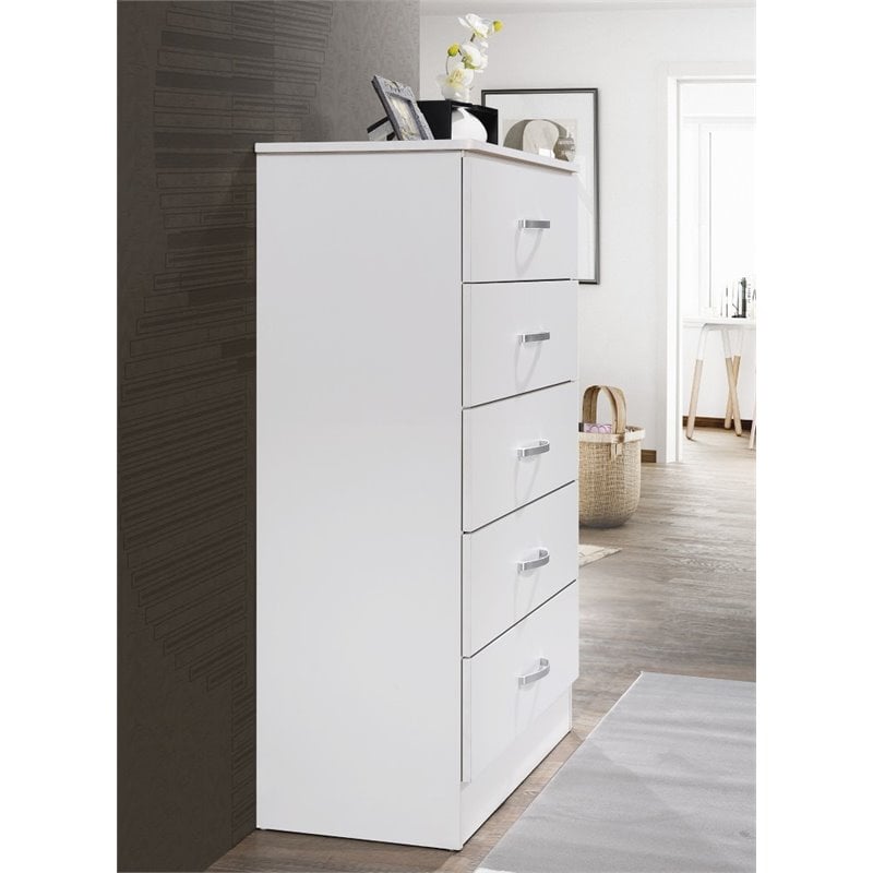 Hodedah Five Drawer Contemporary Wooden Chest in White Finish