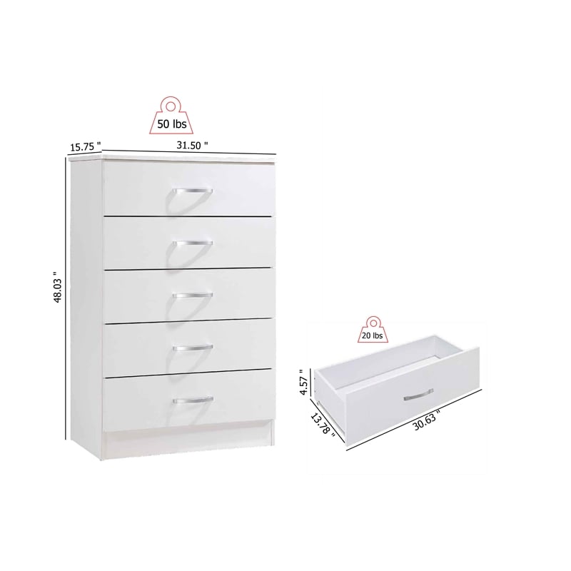 Hodedah Five Drawer Contemporary Wooden Chest in White Finish