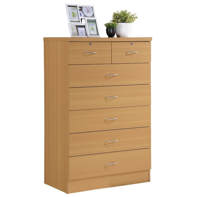 Hodedah 7 Drawer Chest with Locks on 2 Top Drawers in Beige Wood