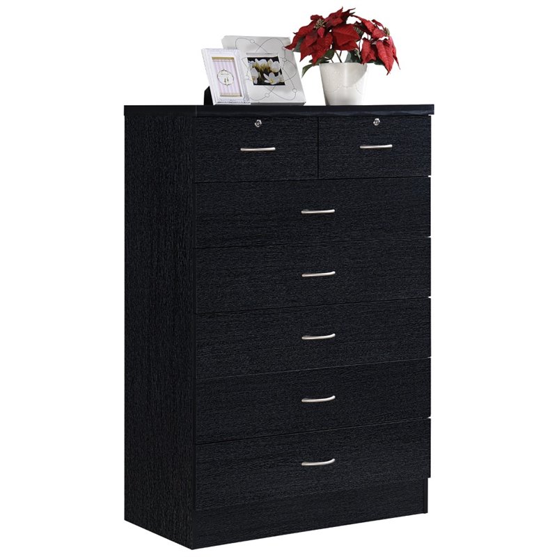 Hodedah 7 Drawer Chest with Locks on 2 Top Drawers in Black Wood