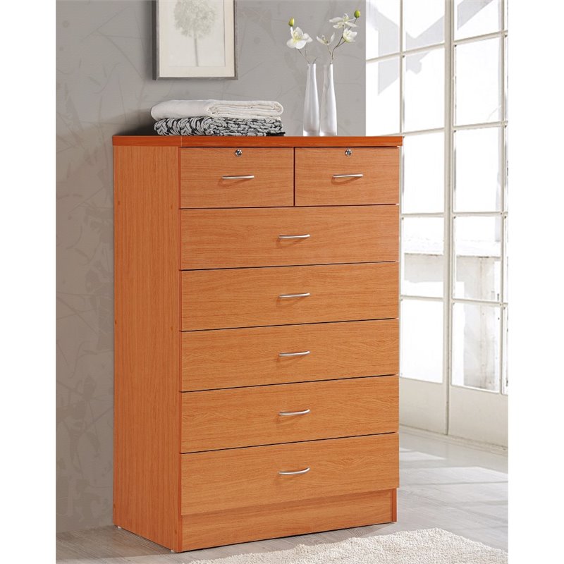 Hodedah 7 Drawer Chest with Locks on 2 Top Drawers in Cherry Wood