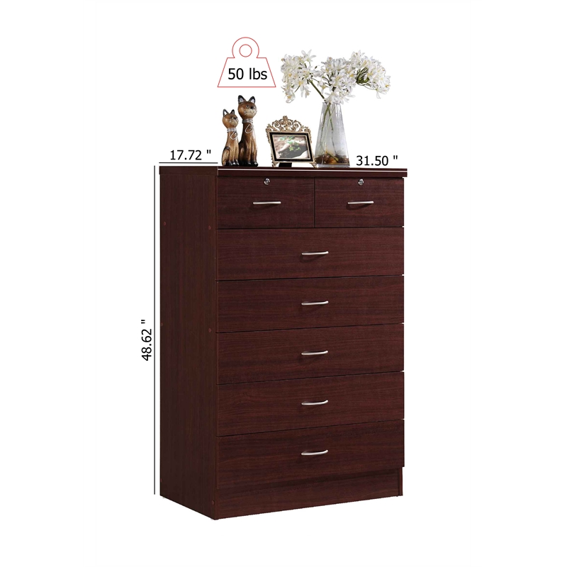 Hodedah 7 Drawer Chest with Locks on 2 Top Drawers in Mahogany Wood