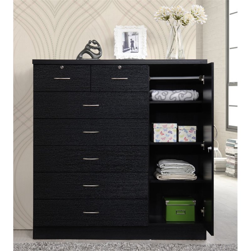 Hodedah 7 Drawer Chest with Locks on 2 Drawers and 1 Door in Black Wood