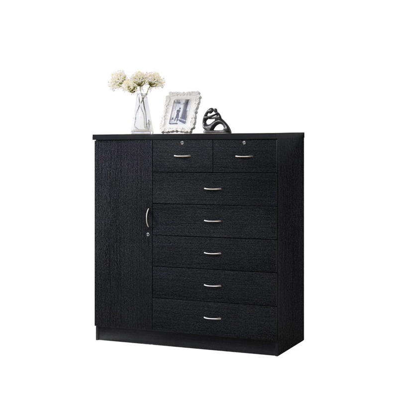 Hodedah 7 Drawer Chest with Locks on 2 Drawers and 1 Door in Black Wood