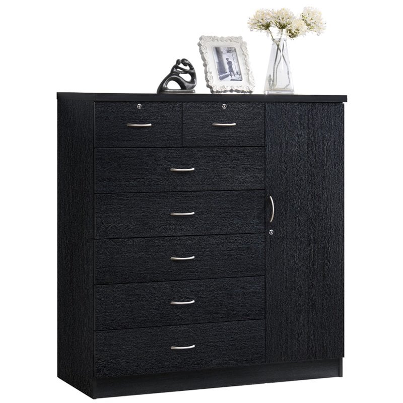 Hodedah 7 Drawer Chest with Locks on 2 Drawers and 1 Door in Black Wood