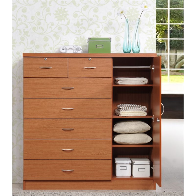 Hodedah 7 Drawer Chest with Locks on 2 Drawers and 1 Door in Cherry Wood