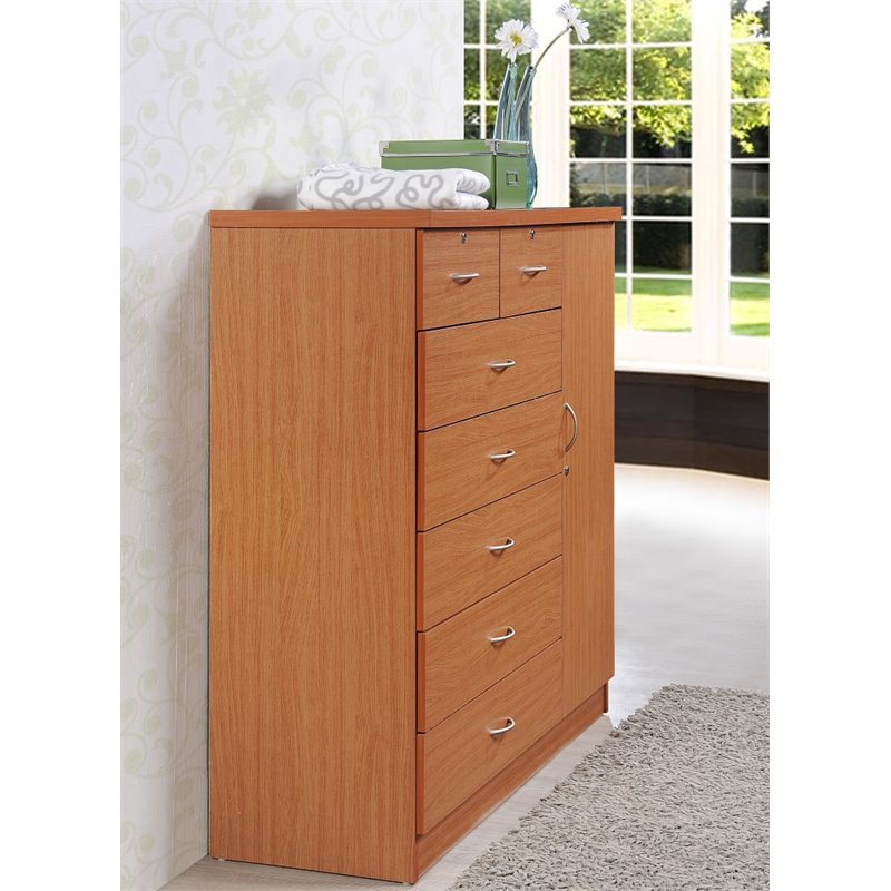 Hodedah 7 Drawer Chest with Locks on 2 Drawers and 1 Door in Cherry Wood
