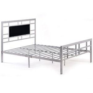 hodedah metal faux leather panel platform bed in silver