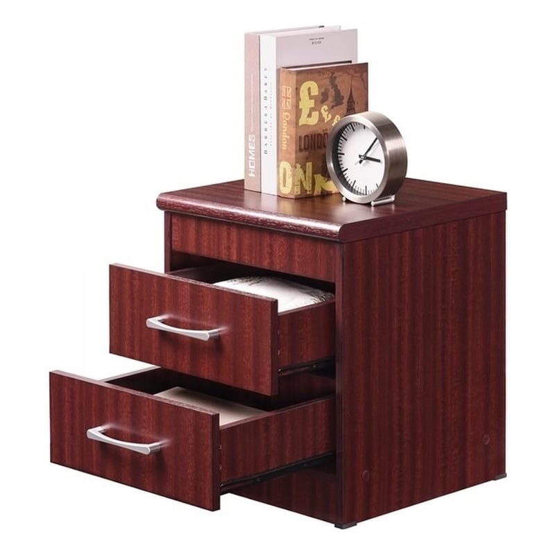 Hodedah Two Drawer Contemporary Wooden Nightstand in Mahogany Finish
