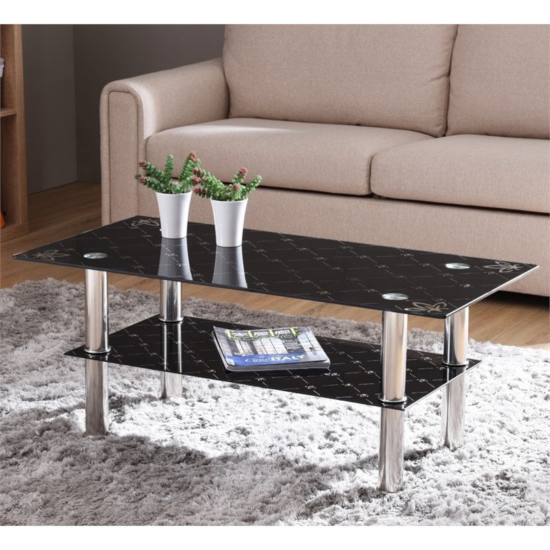 Hodedah Tempered Glass Coffee Table in Black Finish with Stainless Steel Legs