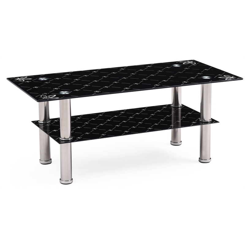 Hodedah Tempered Glass Coffee Table in Black Finish with Stainless Steel Legs