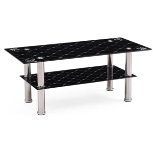 Hodedah Tempered Glass Coffee Table in Black Finish with Stainless Steel Legs