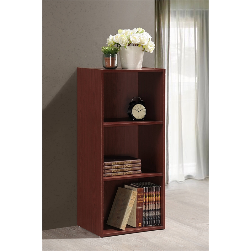 Hodedah Three Shelf Versatil Wooden Bookcase in Mahogany Finish