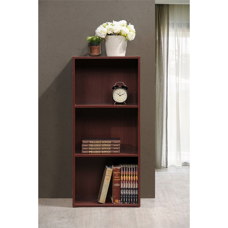 Hodedah Three Shelf Versatil Wooden Bookcase in Mahogany Finish