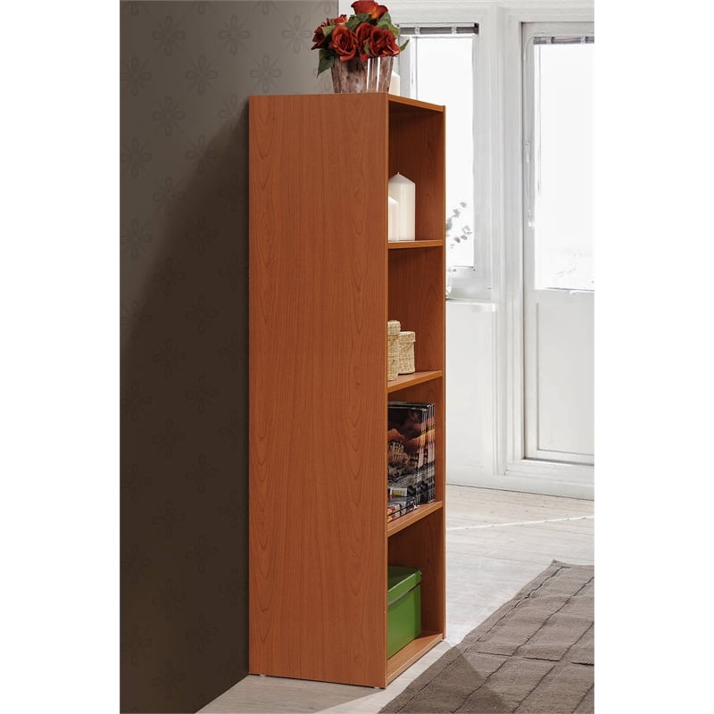 Hodedah Four Shelf Multi-Purpose Wooden Bookcase in Cherry Finish
