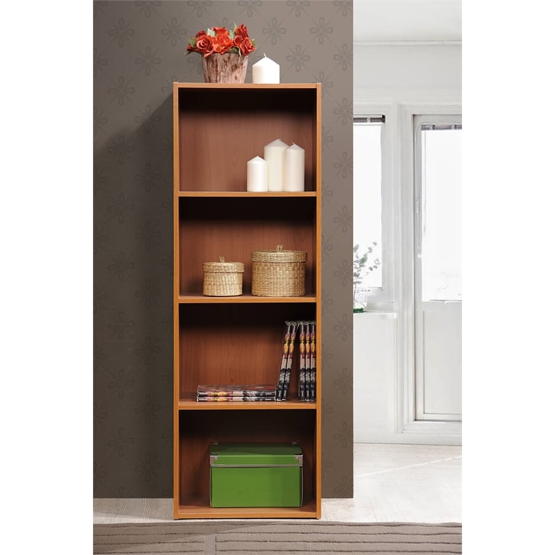 Hodedah Four Shelf Multi-Purpose Wooden Bookcase in Cherry Finish
