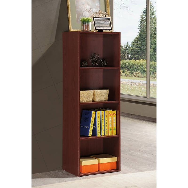 Hodedah Four Shelf Multi-Purpose Wooden Bookcase in Mahogany Finish