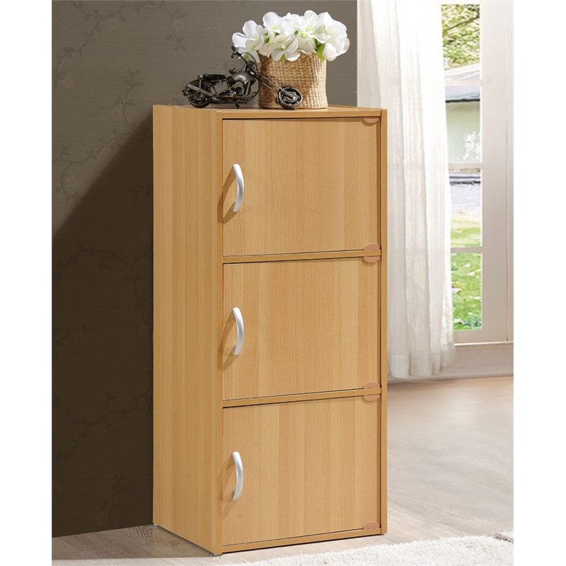 Hodedah 3 Shelf 3 Door Multi-Purpose Wooden Bookcase in Beige Finish