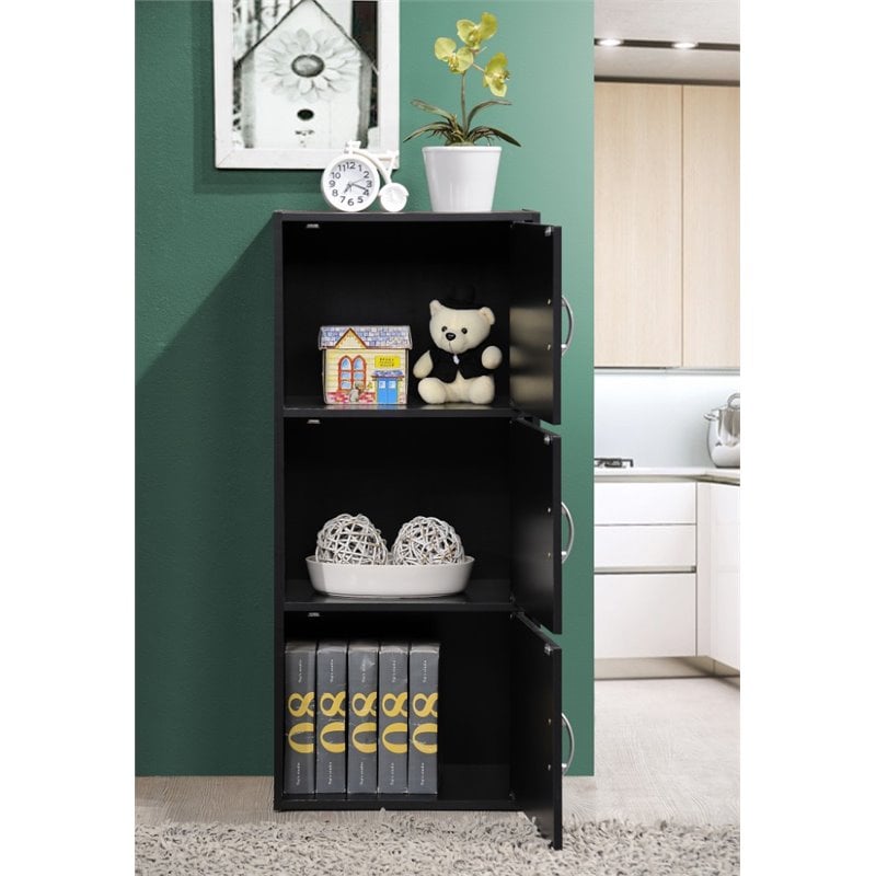 Hodedah 3 Shelf 3 Door Multi-Purpose Wooden Bookcase in Black Finish