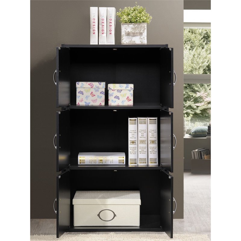 Hodedah 3 Shelf 6 Door Multi-Purpose Wooden Bookcase in Black Finish