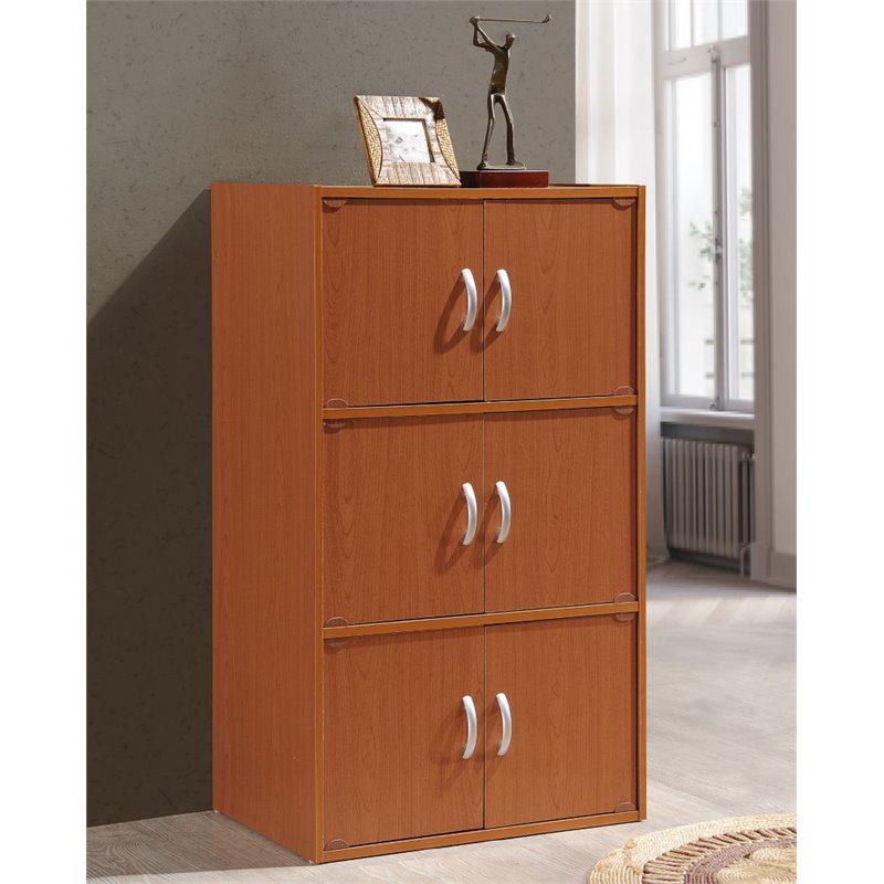 Hodedah 3 Shelf 6 Door Multi-Purpose Wooden Bookcase in Cherry Finish