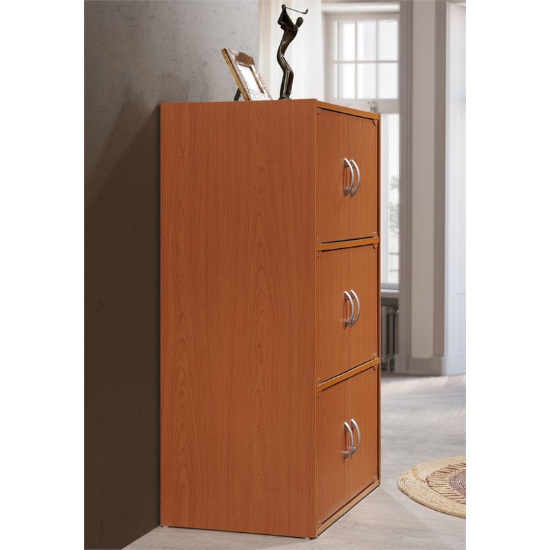 Hodedah 3 Shelf 6 Door Multi-Purpose Wooden Bookcase in Cherry Finish