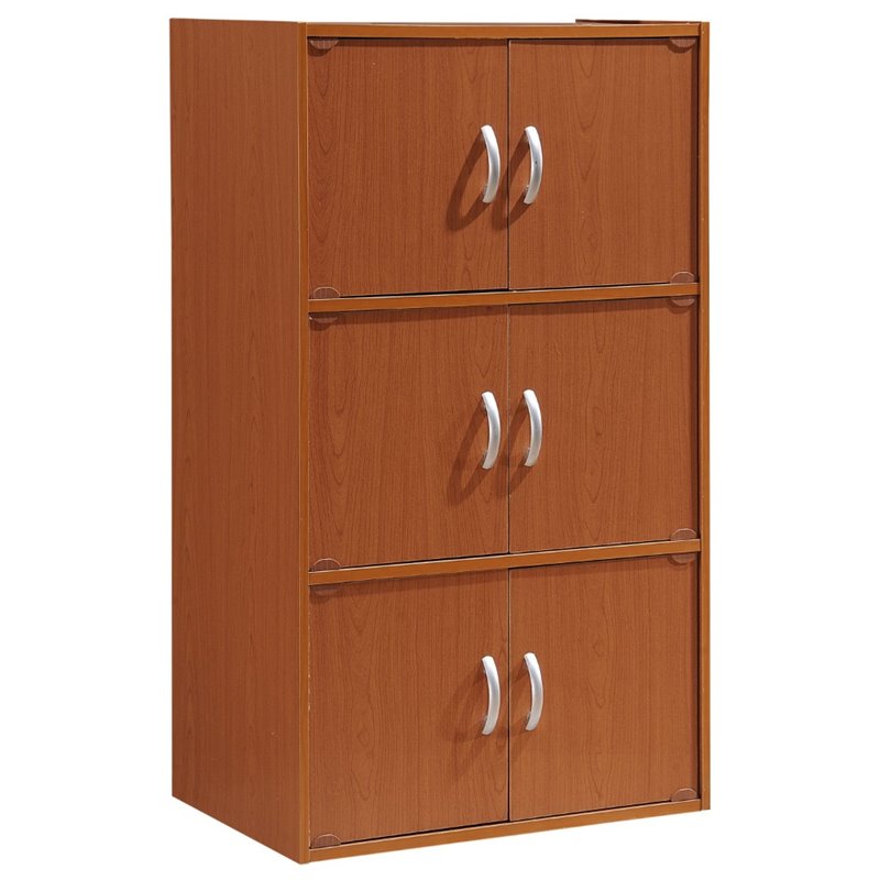 Hodedah 3 Shelf 6 Door Multi-Purpose Wooden Bookcase in Cherry Finish