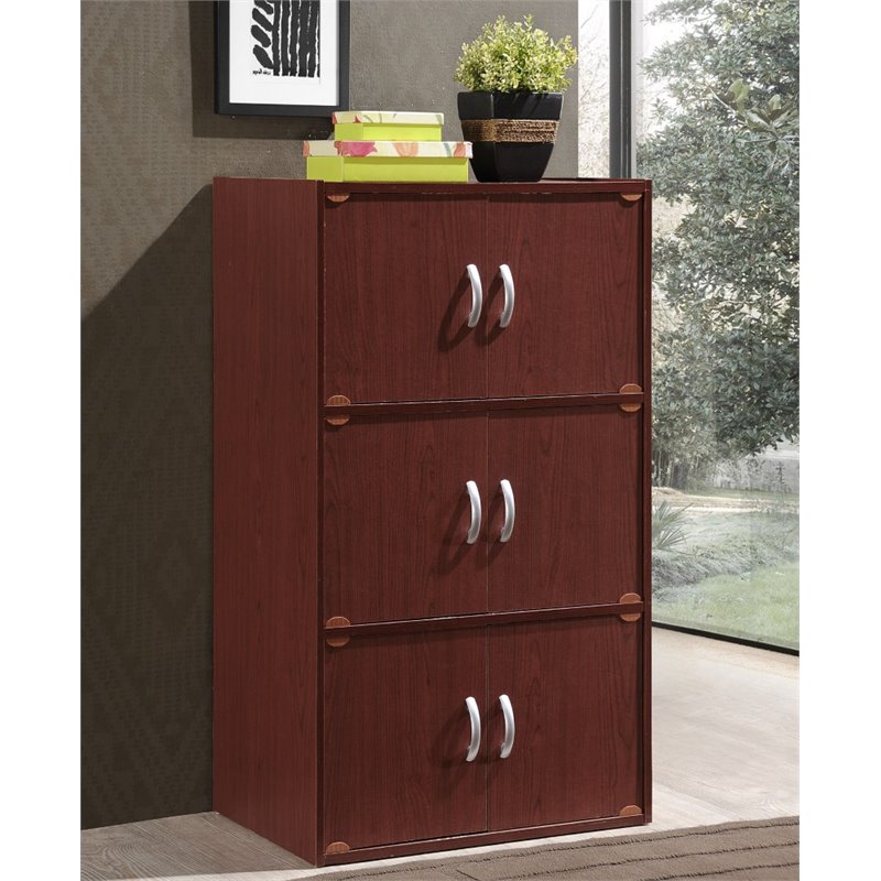 Hodedah 3 Shelf 6 Door MultiPurpose Wooden Bookcase in Mahogany Finish