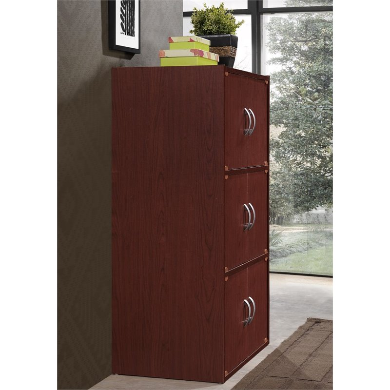 Hodedah 3 Shelf 6 Door Multi-Purpose Wooden Bookcase in Mahogany Finish