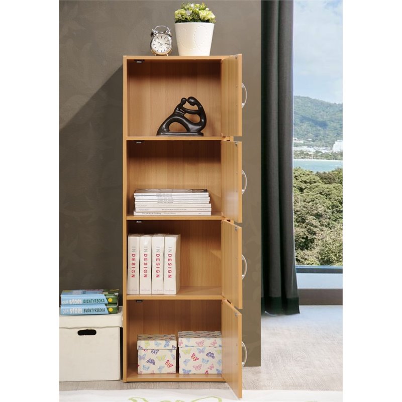 Hodedah 4 Shelf 4 Door Multi-Purpose Wooden Bookcase in Beige Finish