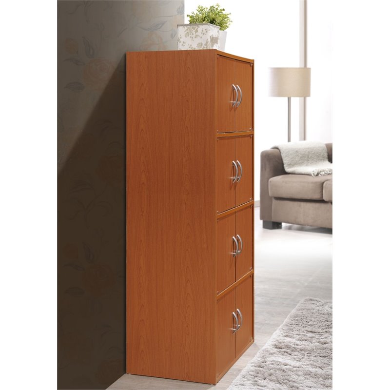 Hodedah 4 Shelf 8 Door Versatil Wooden Bookcase Cabinet in Cherry Finish
